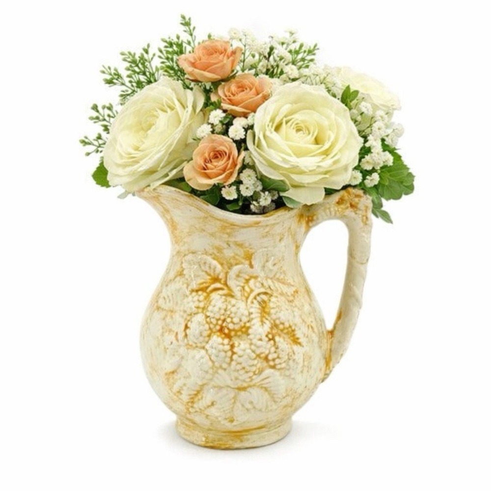 Vintage Majolica Style Small Pitcher Pottery Grape Motif Dated 1979 24 oz